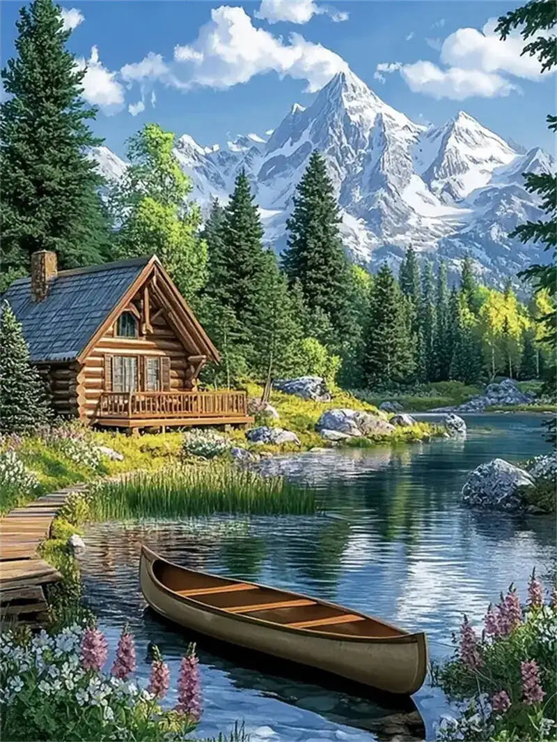 Momoart Diamond Painting Boat, Mountain House, Landscape DIY Full Square / Round Drill