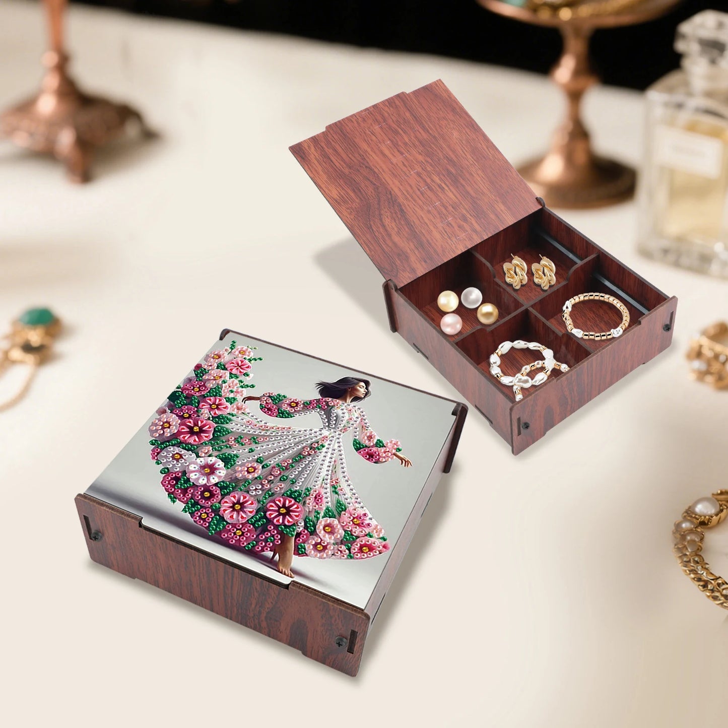 5D DIY Animal Girl Theme 4 Slots Diamond Painting Kit, Wooden Storage Box Diamond Art Jewelry Case, Storage Organizer