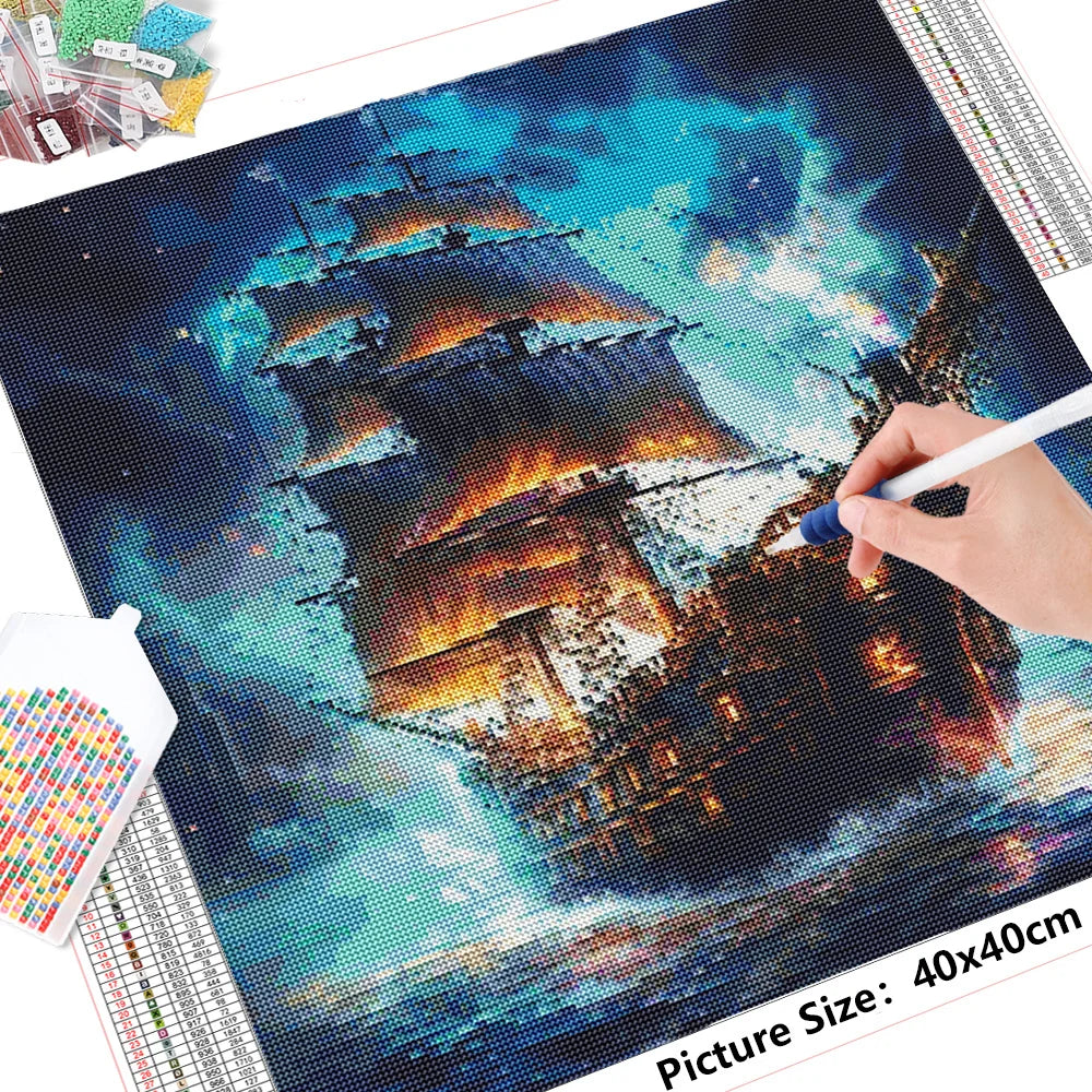 HUACAN 5D DIY Diamond Painting, Ship, Sea Landscape Full Square / Round Drill