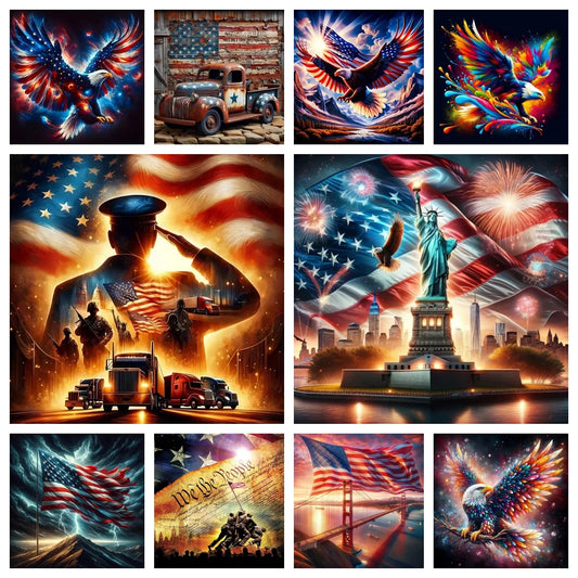 USA Red White Blue Eagle Flag, DIY Diamond Painting Kits Statue of Liberty, Square/Round Drills