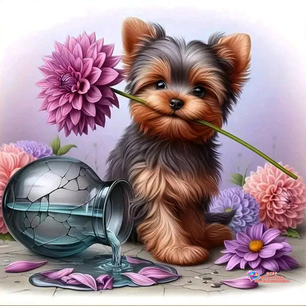 Diamond Painting Kit Square / Round Diamond 5D DIY Collage Of Cute Puppies With Flowers & Decorative Elements