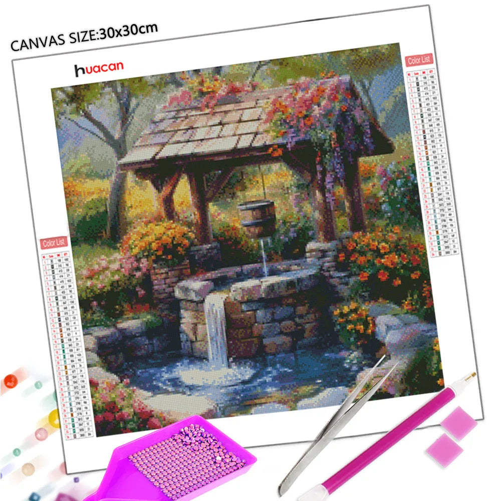 Huacan DIY Diamond Painting Garden Stone Well Flower Landscape Full Square / Round Drill