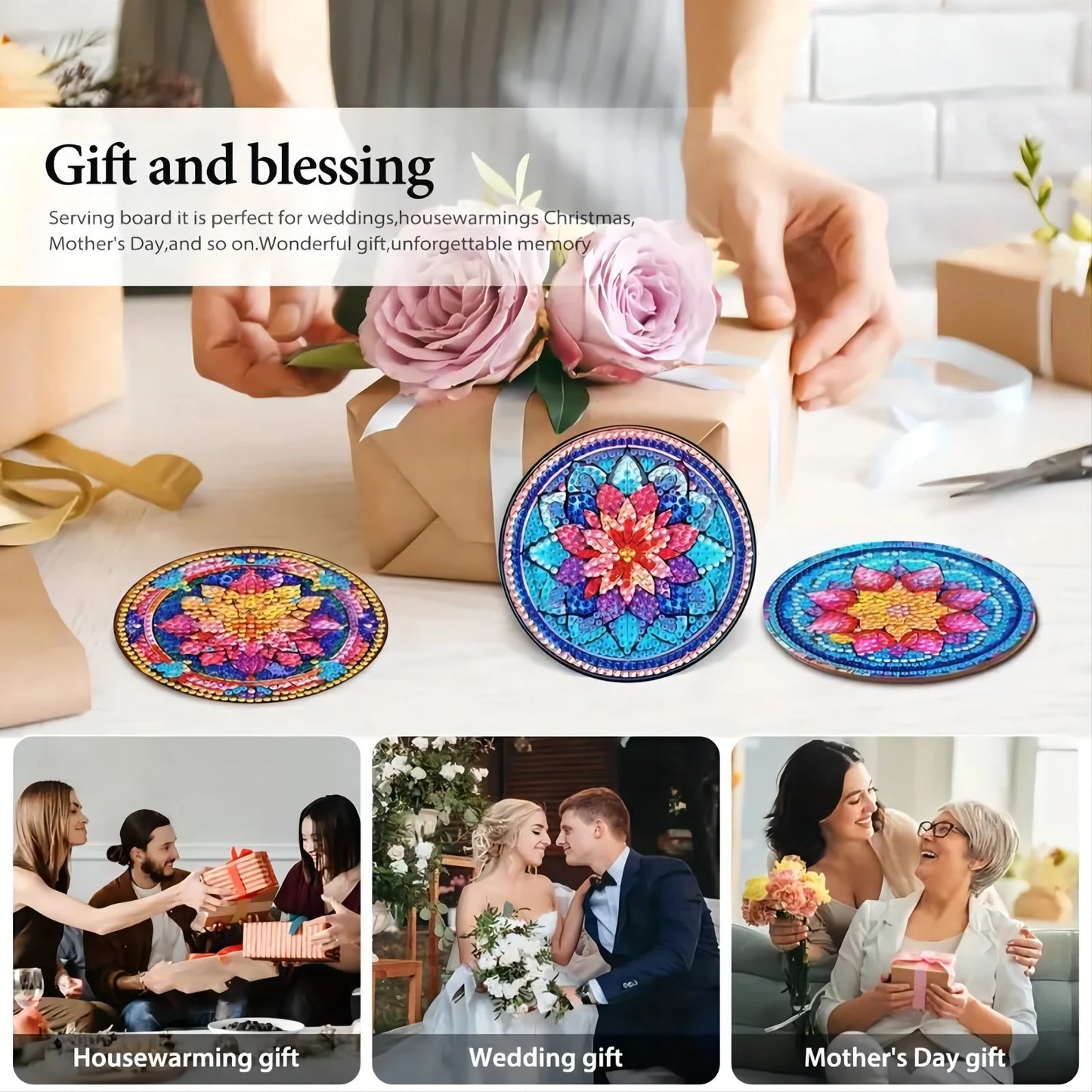 8-PCS Set With Bracket DIY Diamond Painting Set, Creative Floral Themed Coaster Set, Sparkling Diamond Art Wooden Mosaic Craft Set