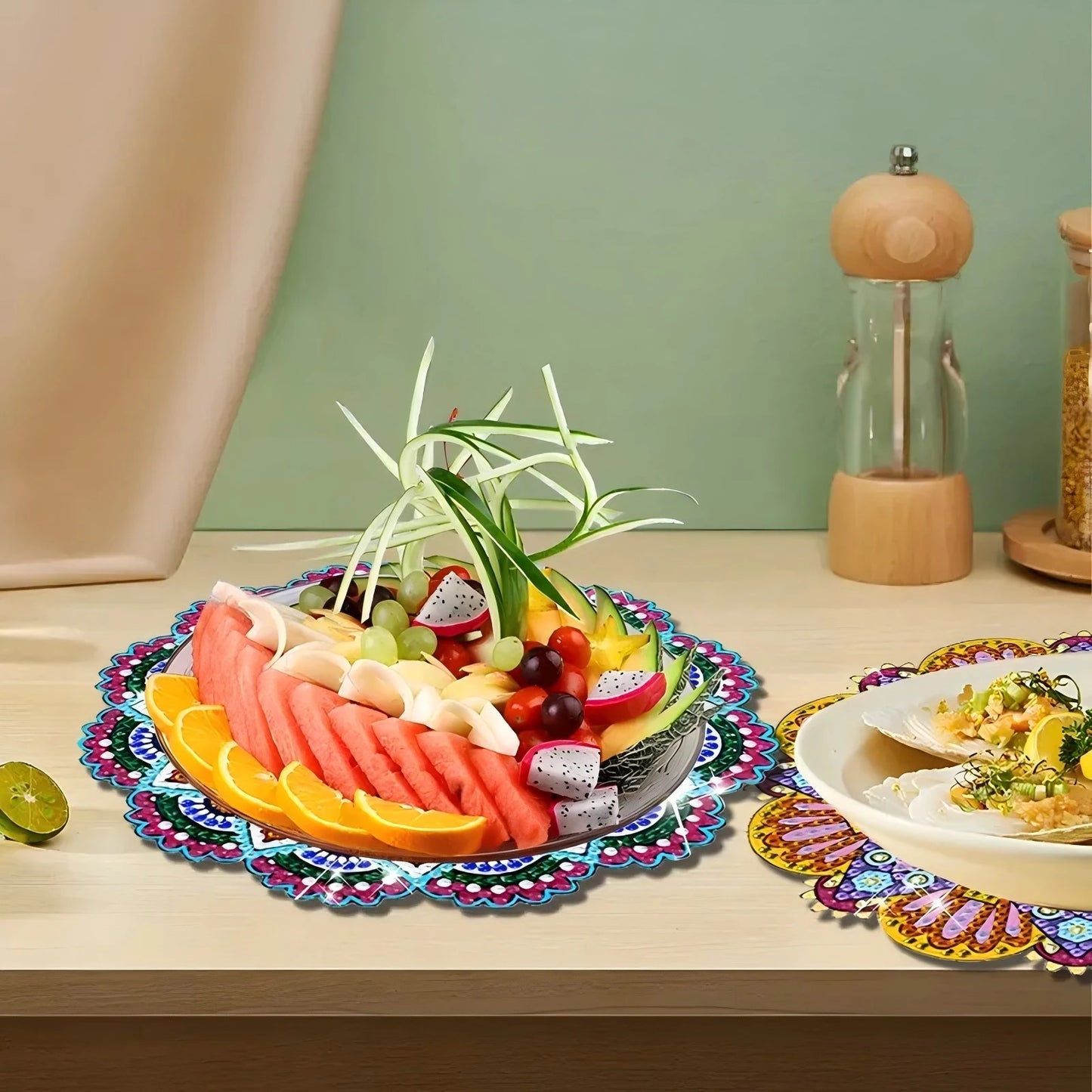 4-Piece Colorful Pattern Wooden Diamond Painted Placemat Set, DIY Crystal Diamond Art Insulated Table Mat