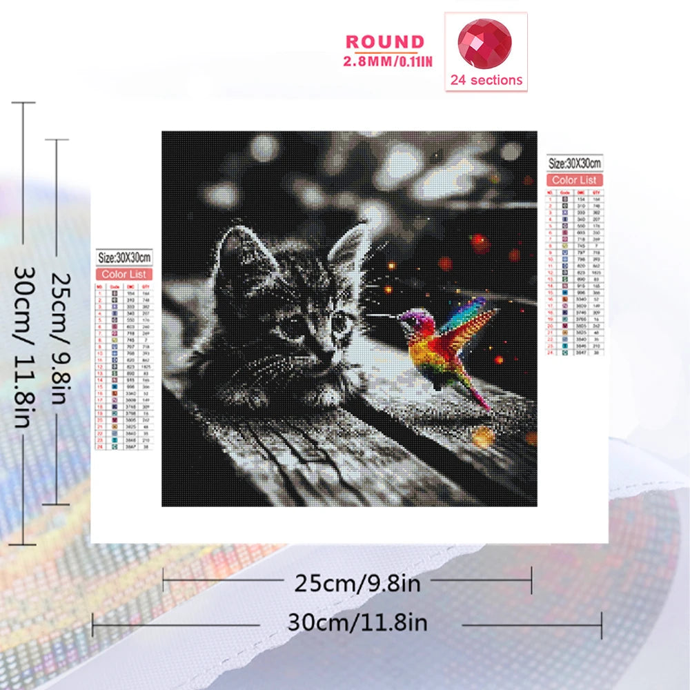 Cat and Hummingbird Diamond Mosaic DIY Painting Full Square or Round Diamond