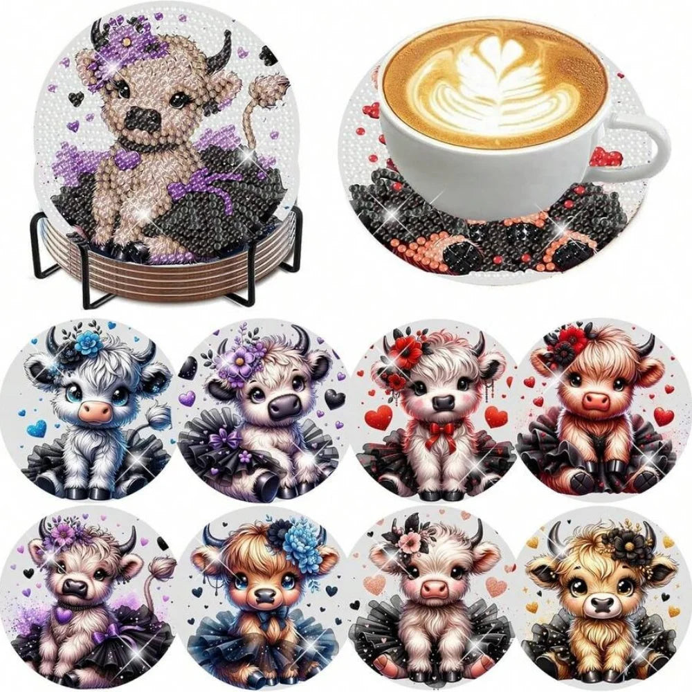 8-Piece / Set Diamond Art Painting Cup Mat With Stand, DIY Coffee Cat Pattern Diamond Art Cup Coasters