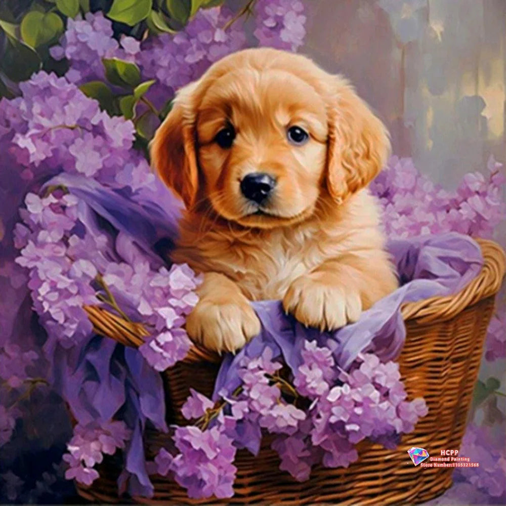 Diamond Painting Kit Square / Round Diamond 5D DIY Collage Of Cute Puppies With Flowers & Decorative Elements