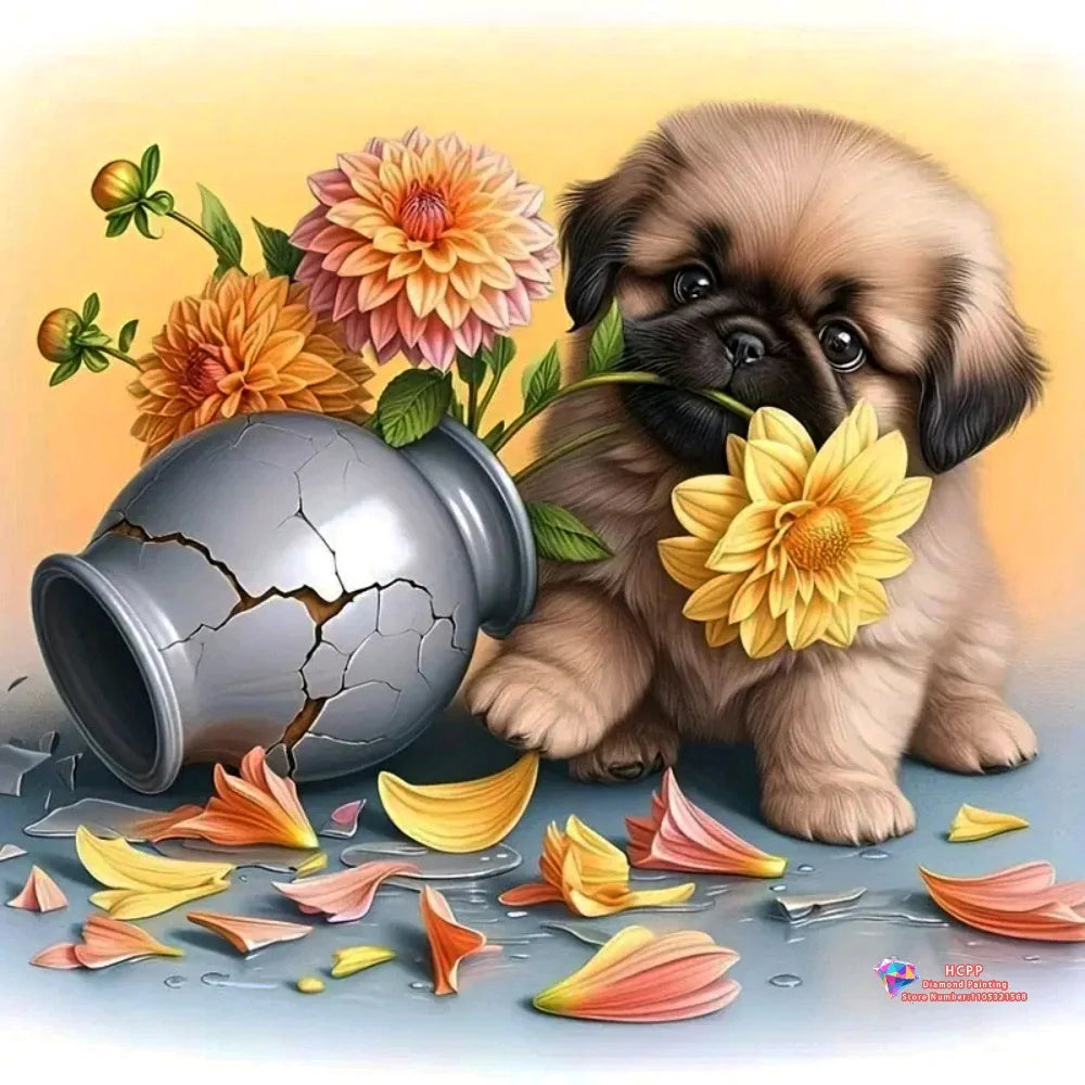 Diamond Painting Kit Square / Round Diamond 5D DIY Collage Of Cute Puppies With Flowers & Decorative Elements