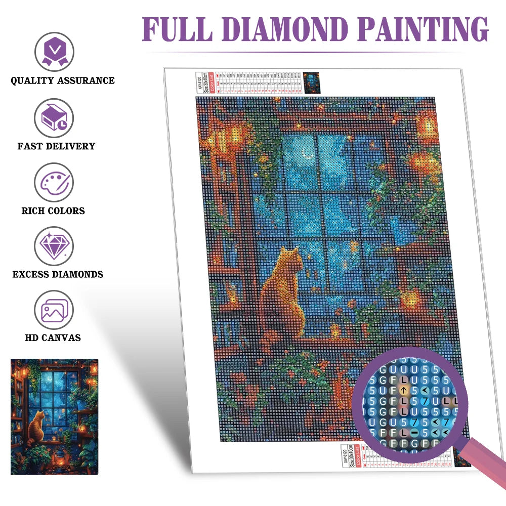 Huacan DIY Diamond Painting Cat In The Window Full Square / Round Drill