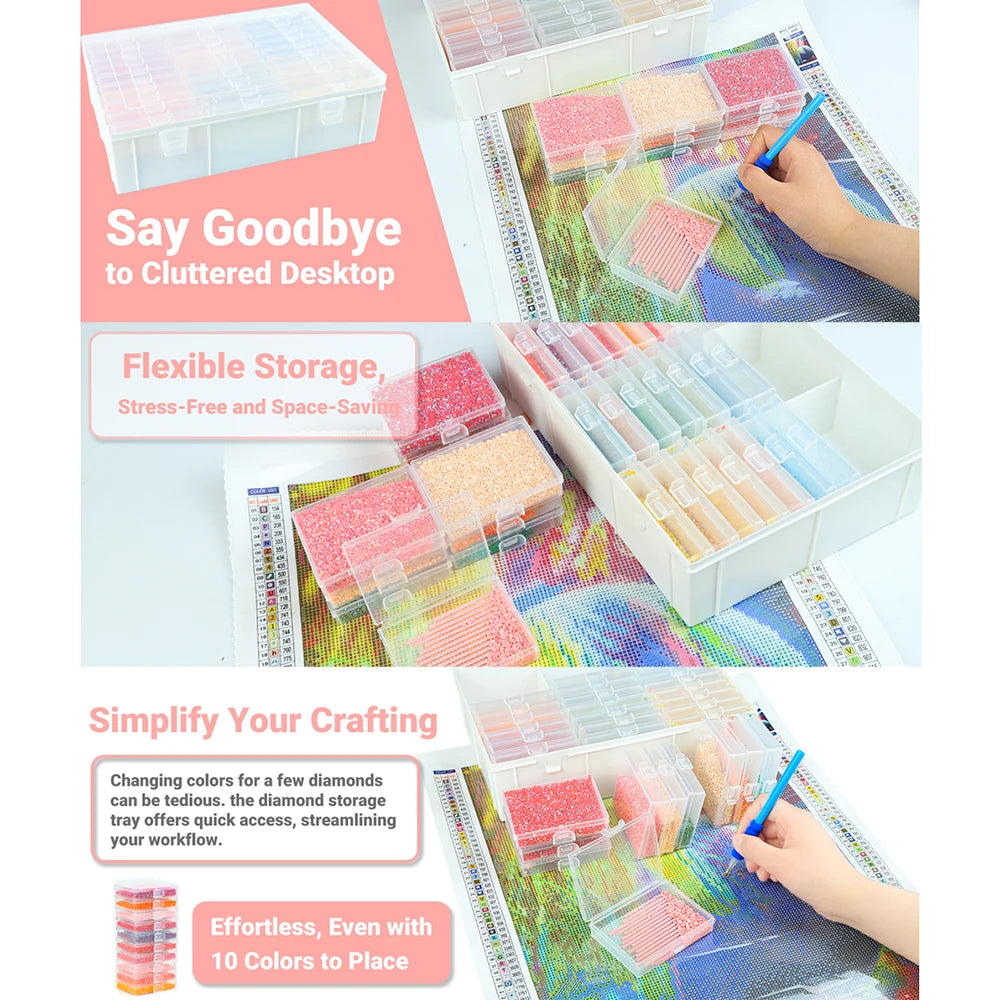 HOMFUN Diamond Painting Tray Storage Box With Lid, 5D Drill Accessories Tools Beading Curved Lock Buckle Plates