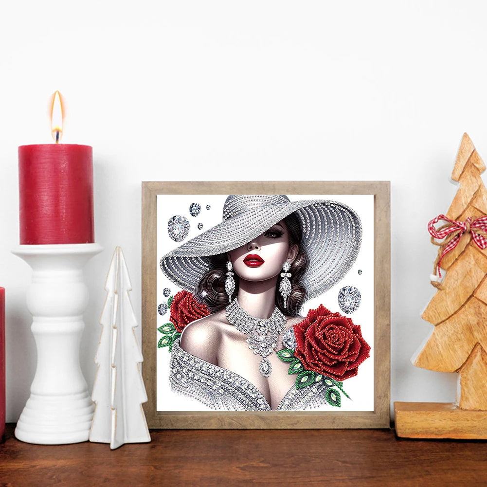 5D DIY Partial Special Shaped Drill Diamond Painting Kit, Girl In Hat Decoration 30x30cm