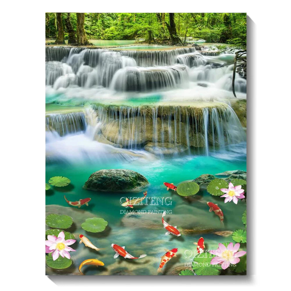 DIY 5D Diamond Painting Landscape Forest, Waterfalls, Scenic, Round Drill