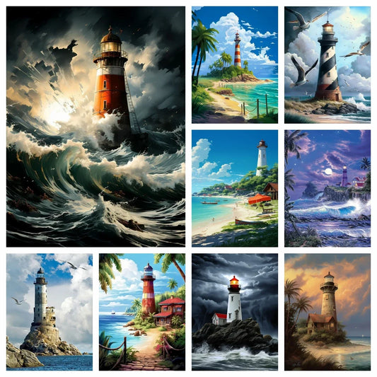 5D DIY Diamond Art Painting Kits Lighthouse Landscape Mosaic 2024 New Embroidery Cross Stitch Home Decor Children's Gift Crafts
