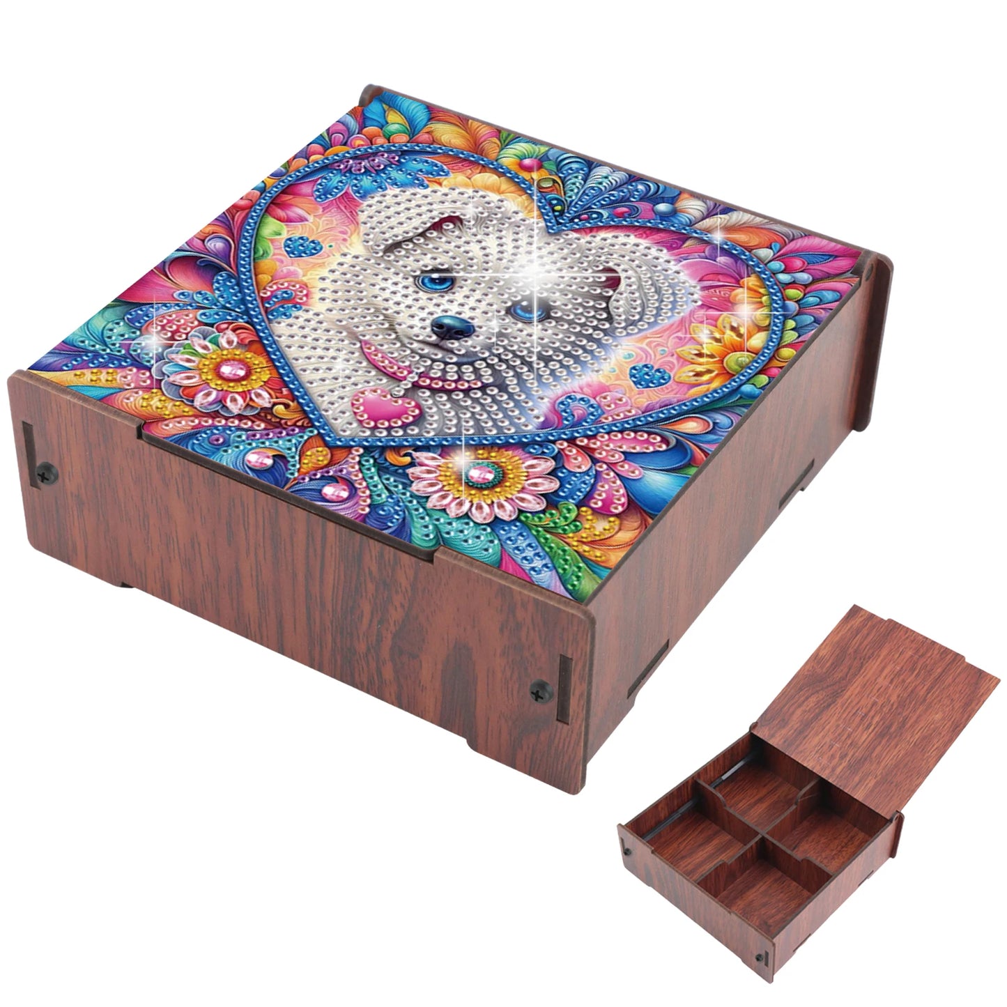 5D DIY Animal Girl Theme 4 Slots Diamond Painting Kit, Wooden Storage Box Diamond Art Jewelry Case, Storage Organizer