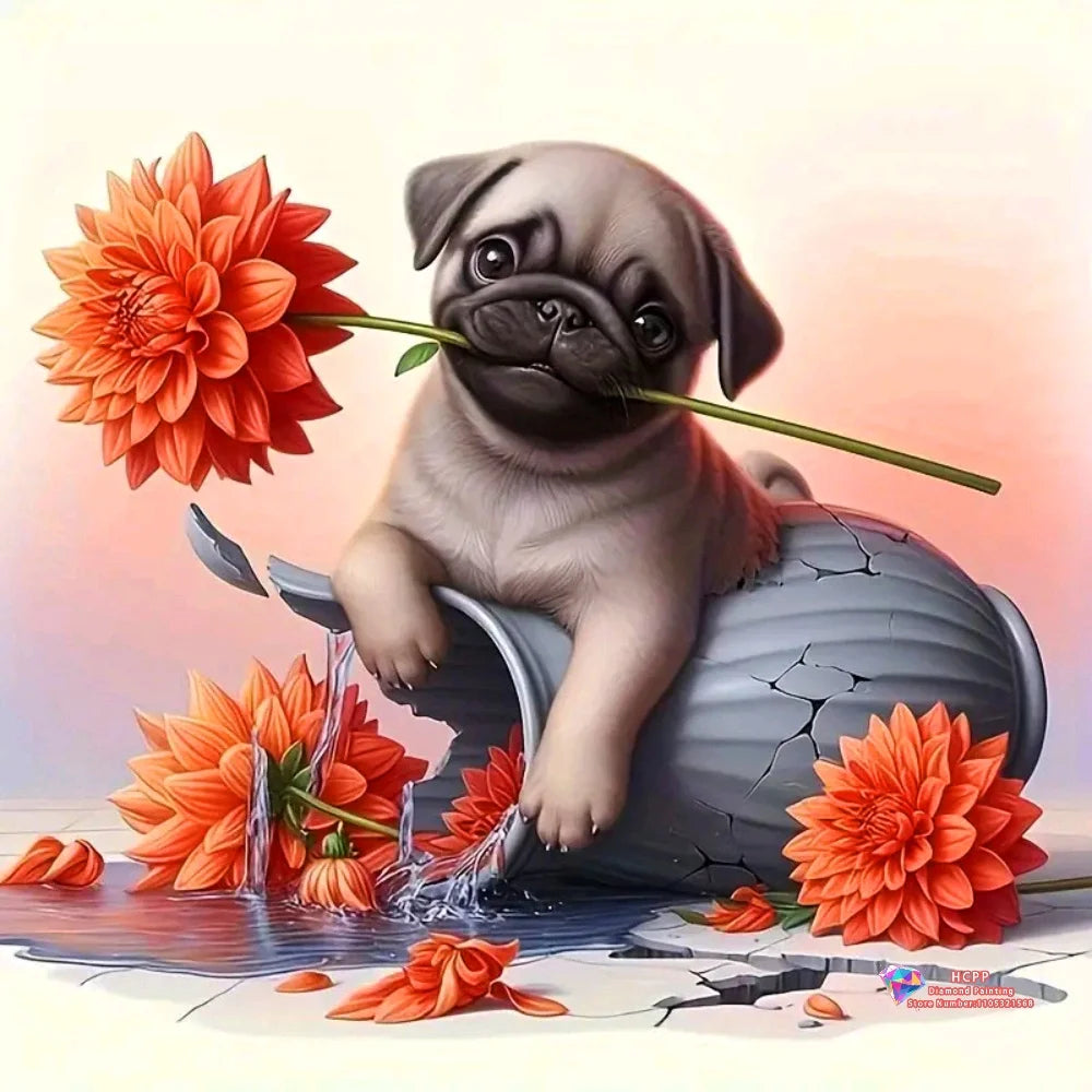 Diamond Painting Kit Square / Round Diamond 5D DIY Collage Of Cute Puppies With Flowers & Decorative Elements