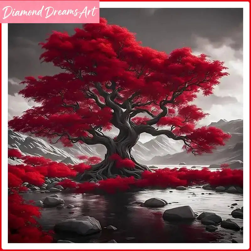 5D Diamond Painting Red Tree Landscape, DIY Full Round Drill