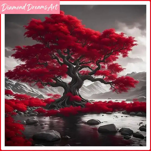 5D Diamond Painting Red Tree Landscape, DIY Full Round Drill