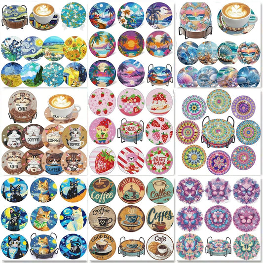 8-Piece Round Diamond Painting Coaster Set - DIY Van Gogh Star Moonlit Creative Coaster With Bracket, Sparkling Diamond Art