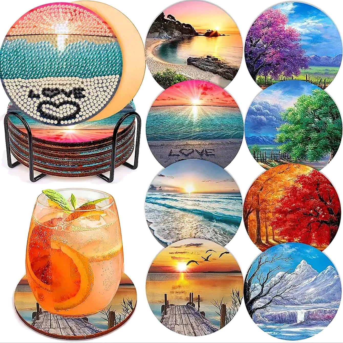 DIY 8 pcs / Set Of Coffee Patterned Diamond Painted Coaster Set, Sparkling Rhinestone Heat-Resistant Beverage Mat With Holder DIY