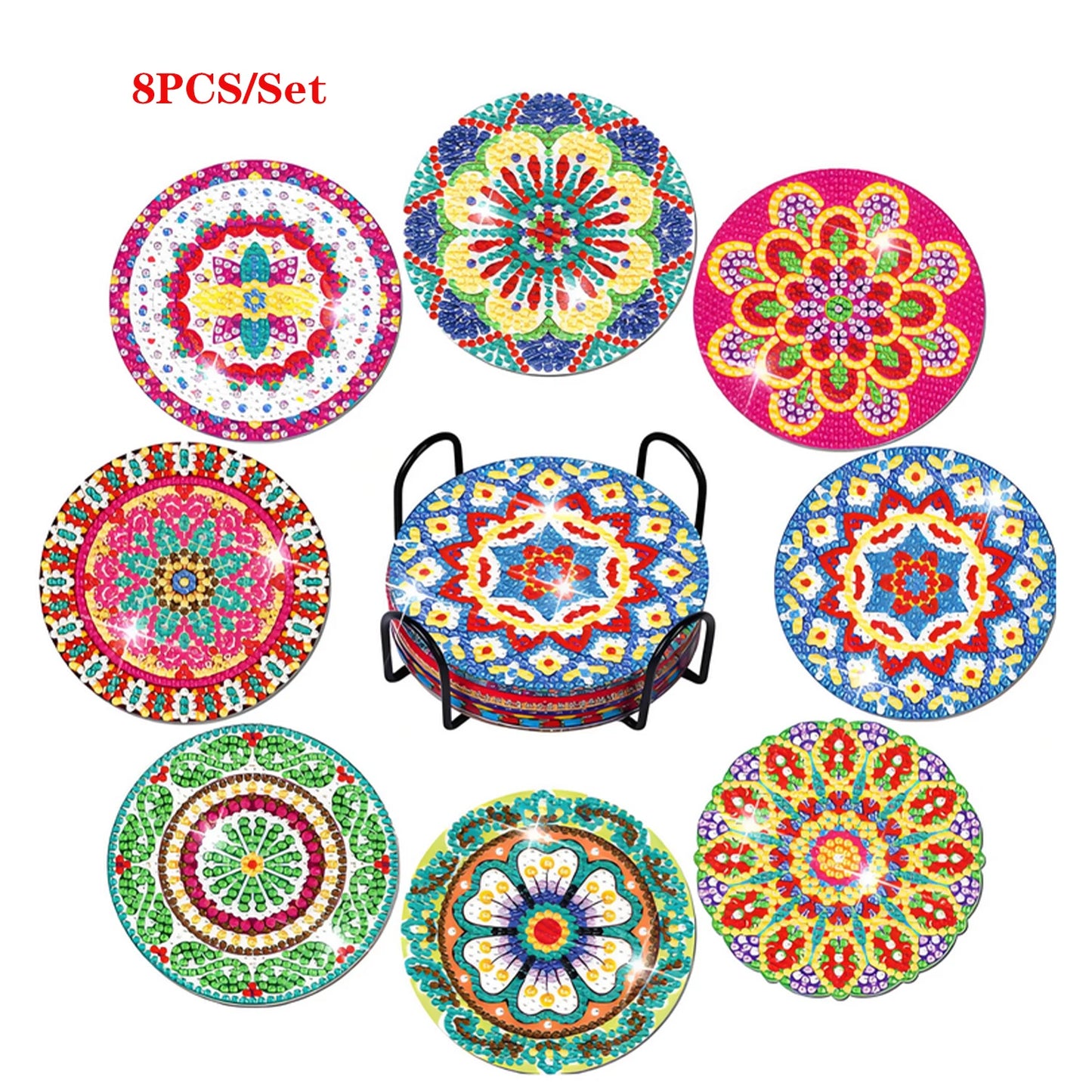 8-Piece Set Of DIY Diamond Painted Coasters With Mandala Pattern