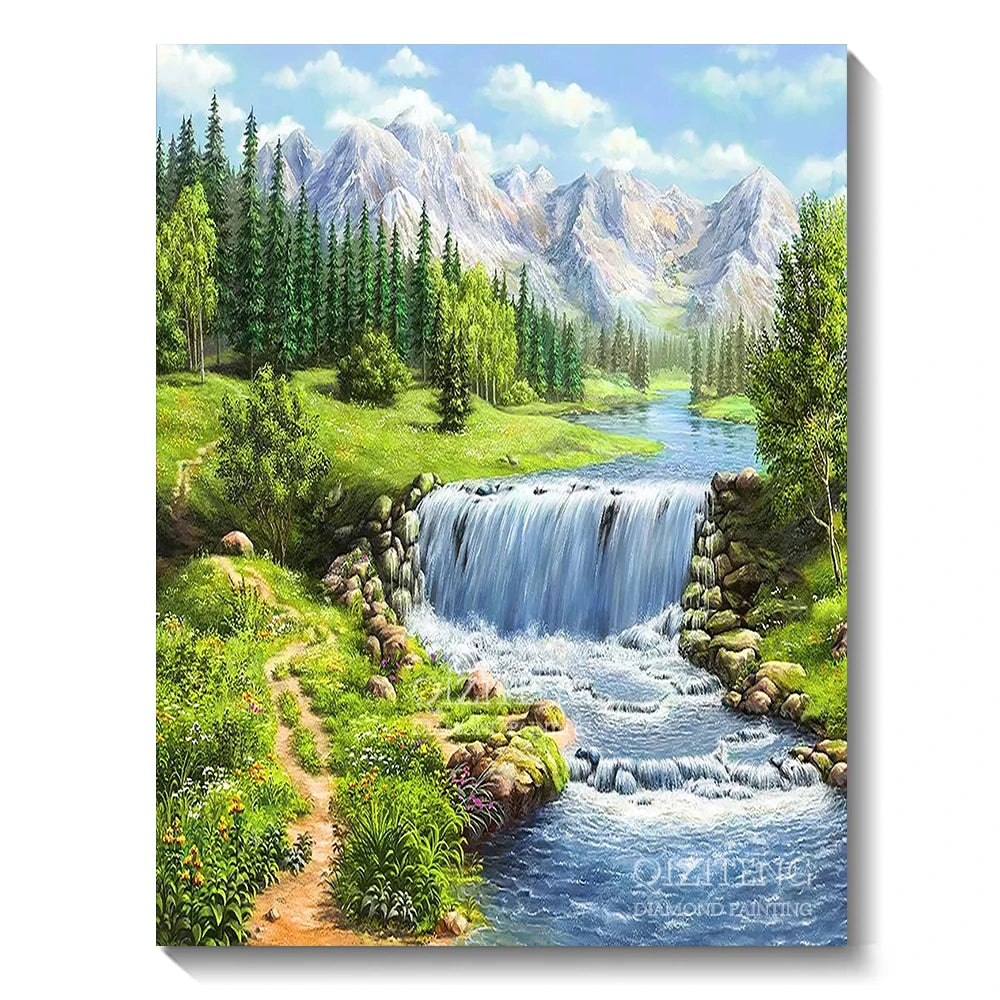 DIY 5D Diamond Painting Landscape Forest, Waterfalls, Scenic, Round Drill