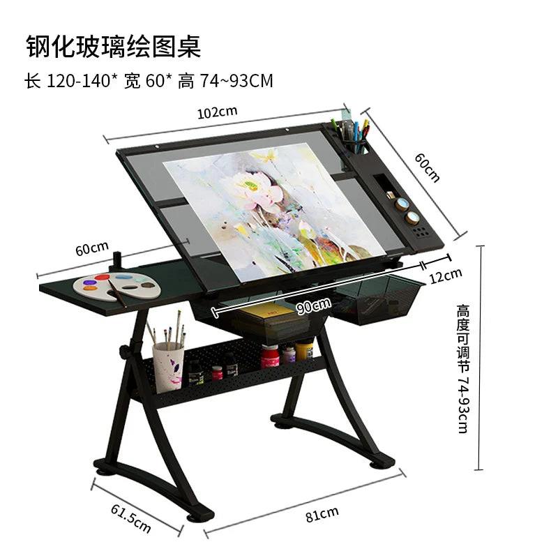 lmm Art Drawing Table Glass Adjustable Height Drawing Drafting Designer Desk