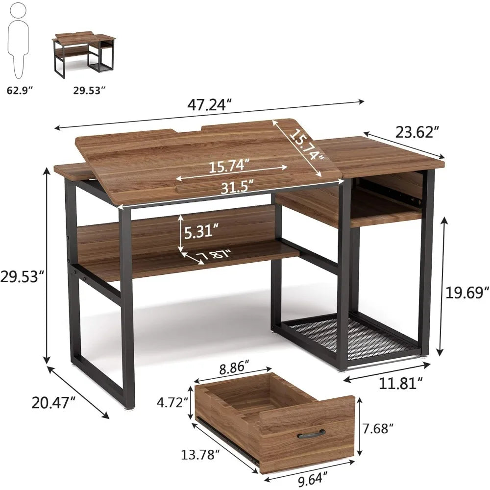 Drafting Table with Storage Drawers, Drawing Computer Desk Artist Craft Table Painting Desk Workstation with Shelves