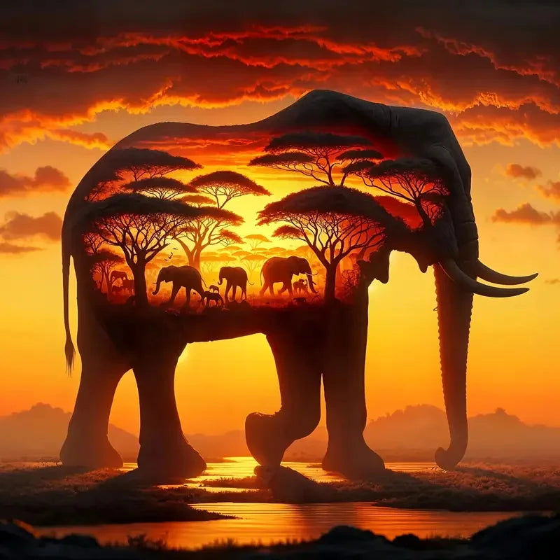 HUACAN Diamond Painting Sunset Elephant Handmade 5D DIY Full Square / Round Drills