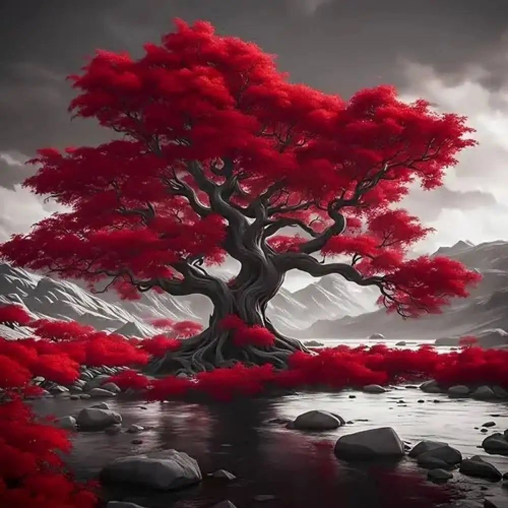 5D Diamond Painting Red Tree Landscape, DIY Full Round Drill