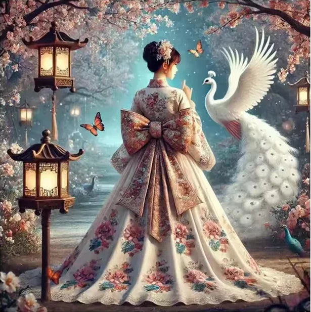 Diy Diamond Painting Sakura Beauty Woman Wearing Long Skirt Lily Flowers 5D Full Square / Round Drill