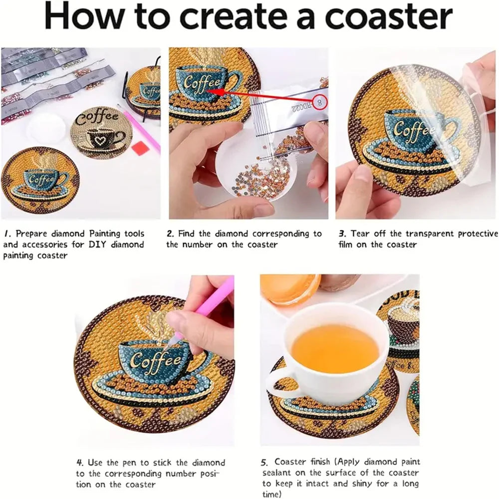 DIY 8 pcs / Set Of Coffee Patterned Diamond Painted Coaster Set, Sparkling Rhinestone Heat-Resistant Beverage Mat With Holder DIY
