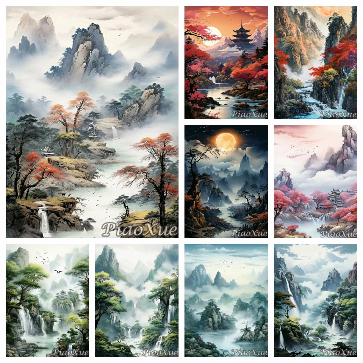 Chinese Style Landscape Picture Diamond Painting New Mountain Waterfall Scenery, Diamond Painting Mosaic DIY Cross Home Decor