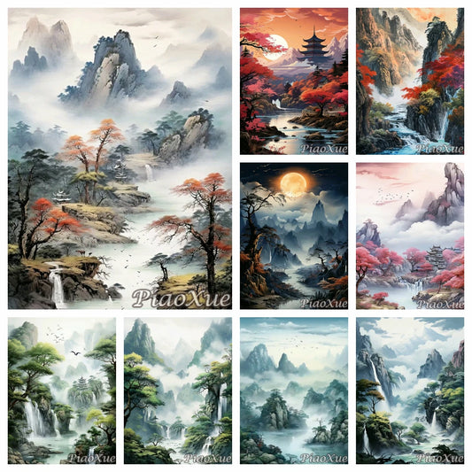 Chinese Style Landscape Picture Diamond Painting New Mountain Waterfall Scenery, Diamond Painting Mosaic DIY Cross Home Decor