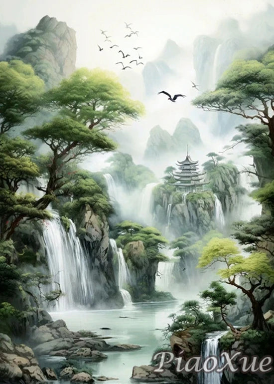 Chinese Style Landscape Picture Diamond Painting New Mountain Waterfall Scenery, Diamond Painting Mosaic DIY Cross Home Decor