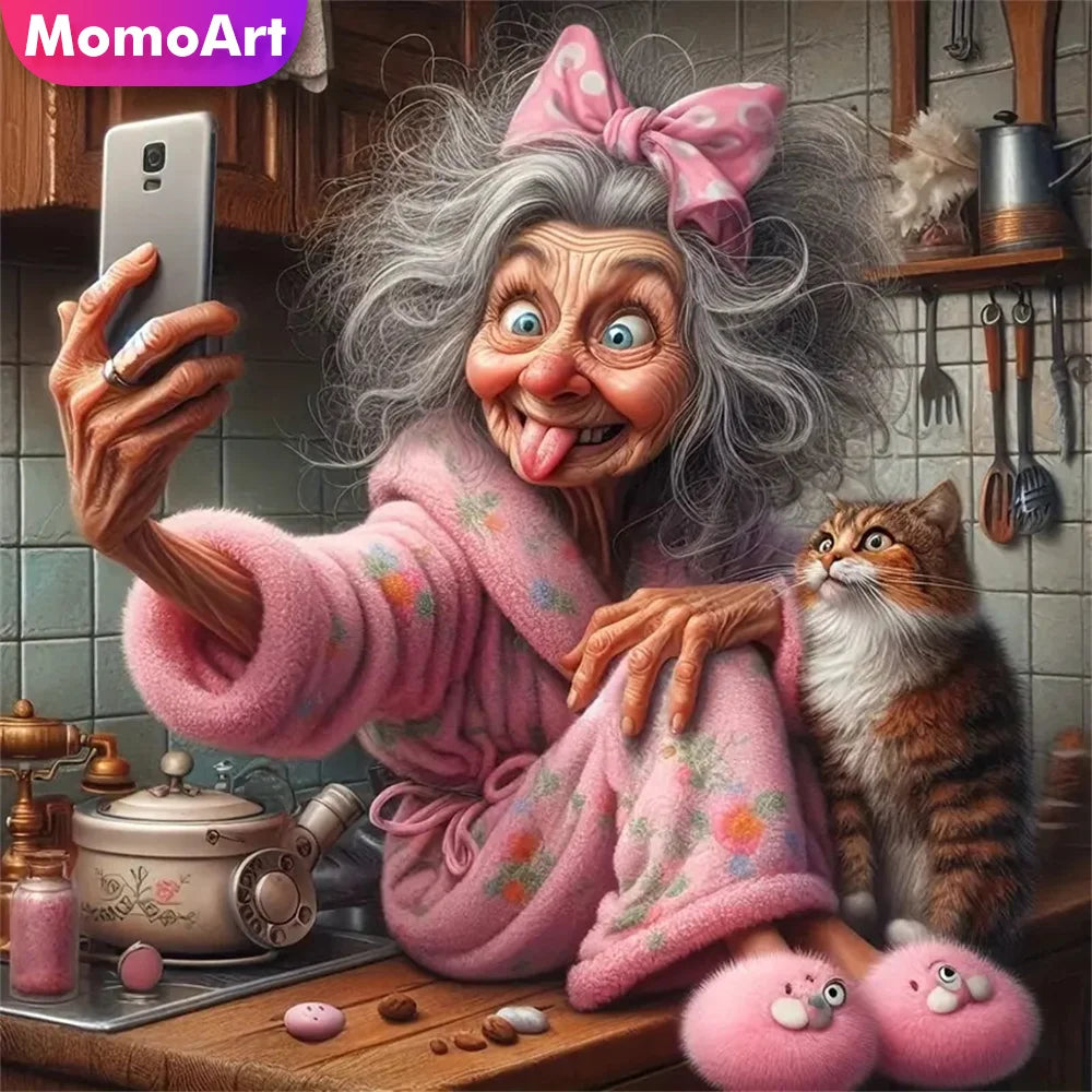 Momoart Old Woman and Cat Portrait, DIY Painting Cartoon Full Square / Round Drill
