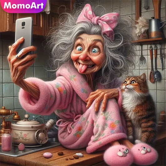Momoart Old Woman and Cat Portrait, DIY Painting Cartoon Full Square / Round Drill