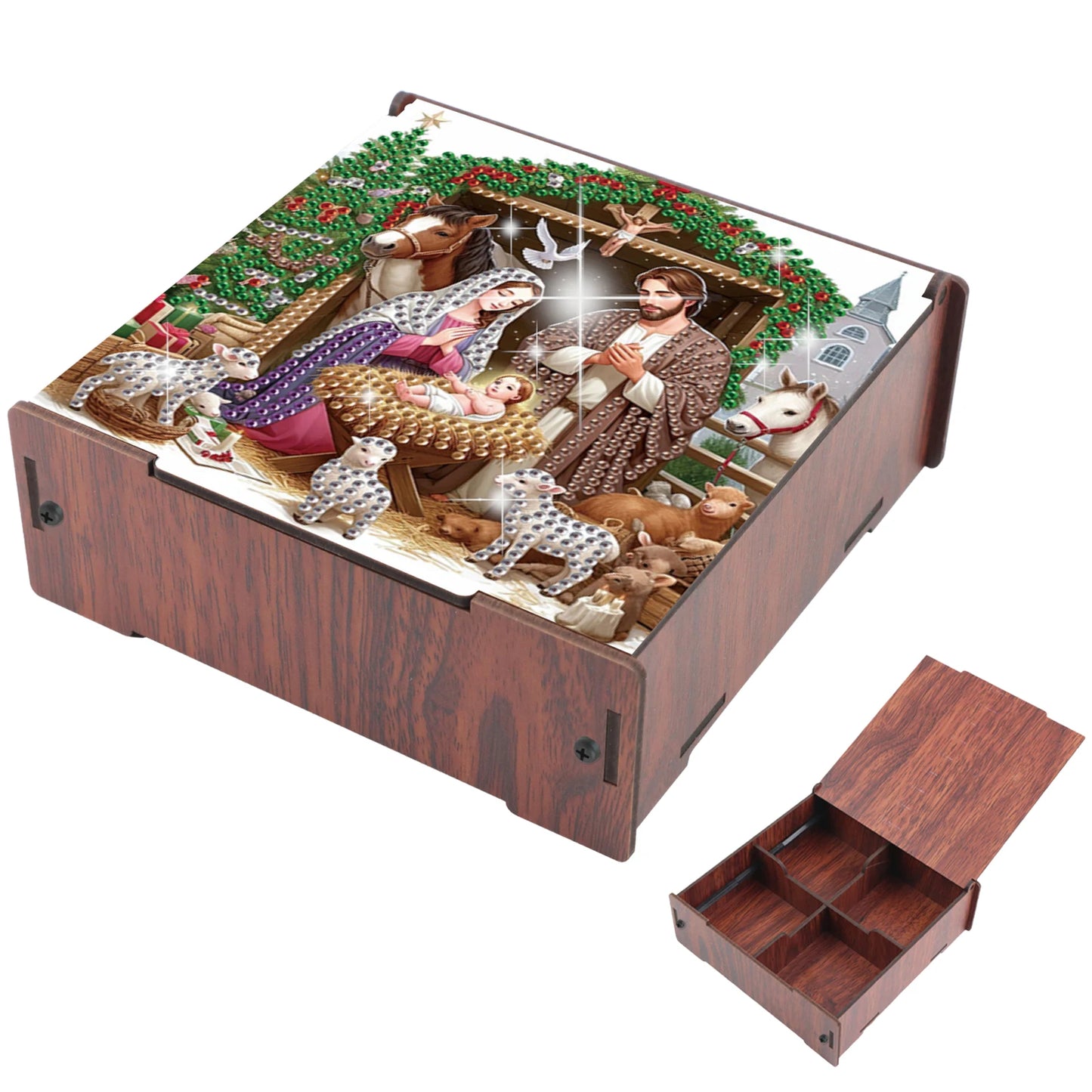 5D DIY Animal Girl Theme 4 Slots Diamond Painting Kit, Wooden Storage Box Diamond Art Jewelry Case, Storage Organizer