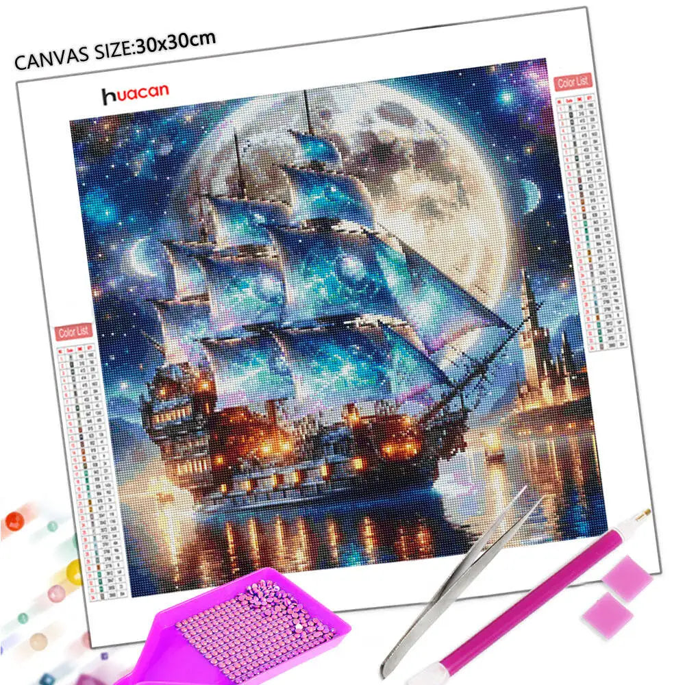 Huacan Full Drill Diamond Painting Ship / Sailboat Sea DIY 5D Square / Round Drill