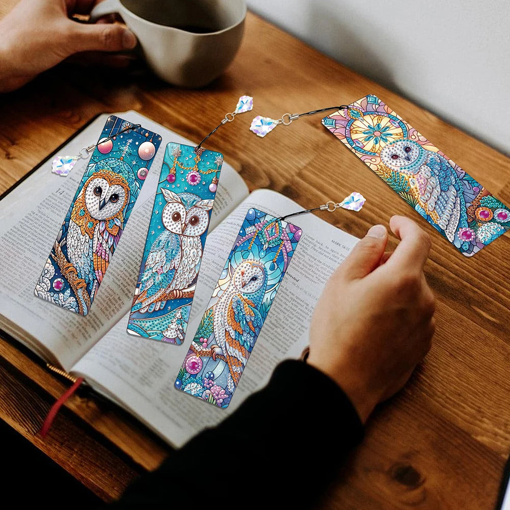 8Pcs DIY Owl Diamond Painting Art Bookmarks With Crystal Pendants