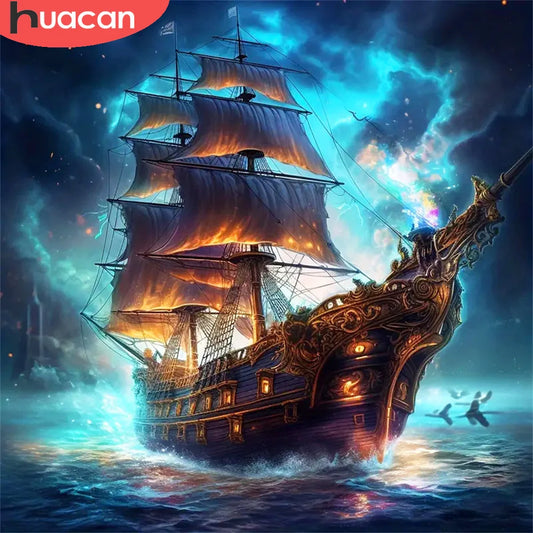 HUACAN 5D DIY Diamond Painting, Ship, Sea Landscape Full Square / Round Drill