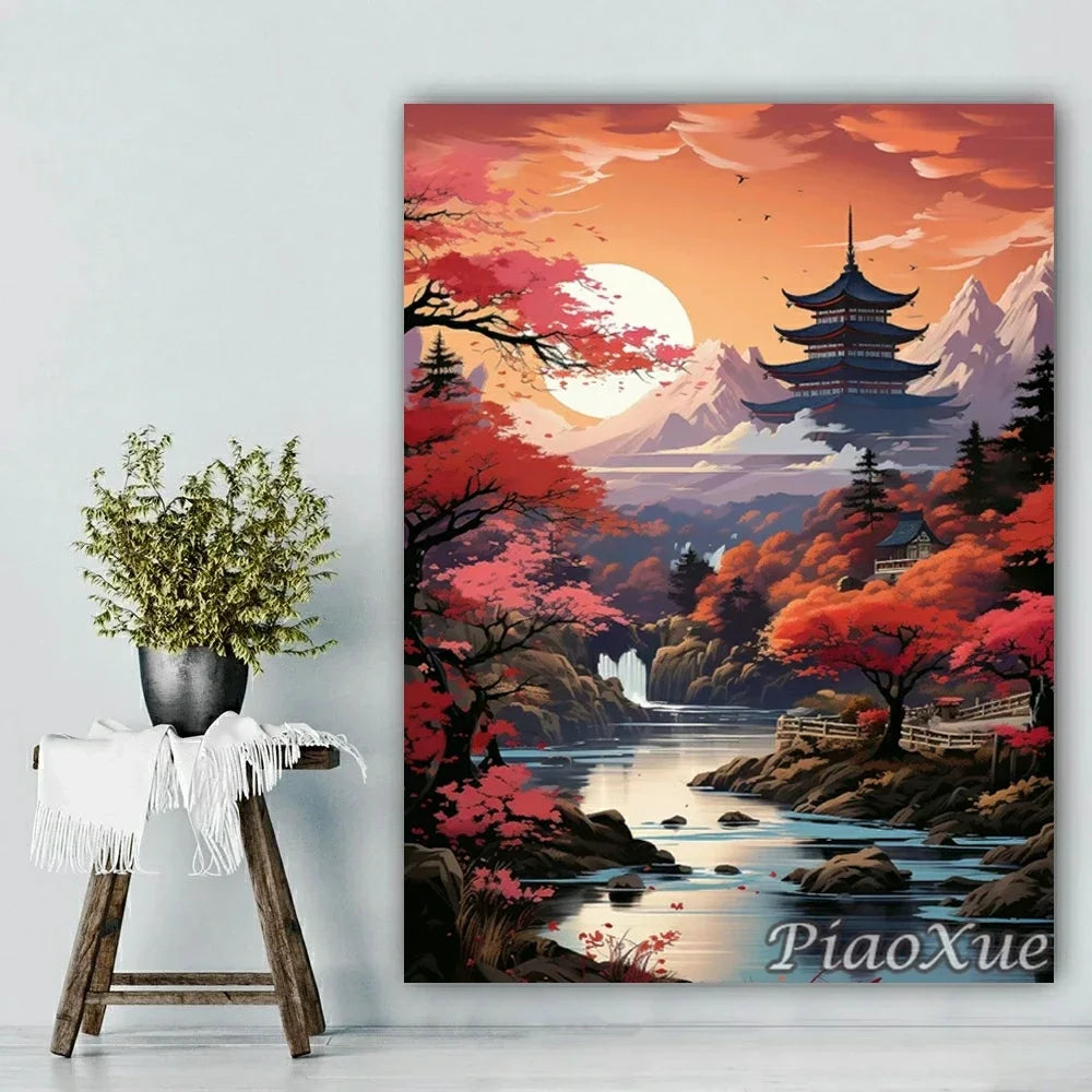 Chinese Style Landscape Picture Diamond Painting New Mountain Waterfall Scenery, Diamond Painting Mosaic DIY Cross Home Decor