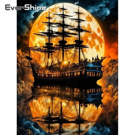 Evershine 5D DIY Diamond Ship Landscape, Moon Picture Full Square / Round Drills