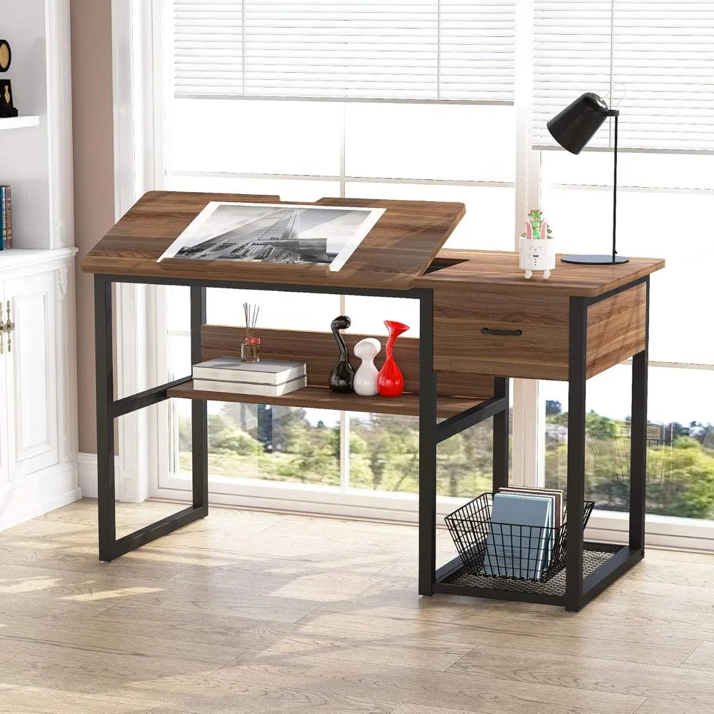 Drafting Table with Storage Drawers, Drawing Computer Desk Artist Craft Table Painting Desk Workstation with Shelves