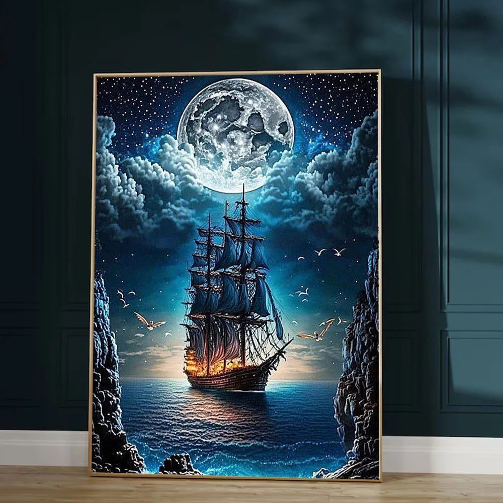Huacan Full Diamond Ship Moon Sea Landscape DIY Full Square / Round Drill
