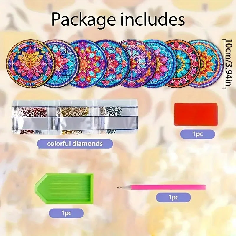 8-Piece Set Of DIY Diamond Painted Coasters With Mandala Pattern
