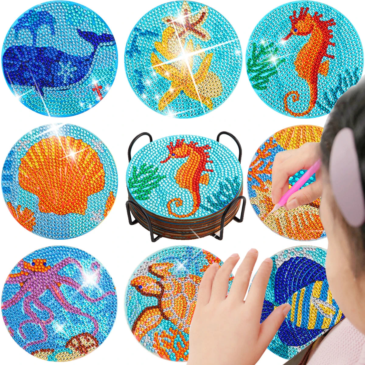 GLOBAL 8pcs/Set DIY Diamond Painting Coasters Animal Cup Cushion For Drinks Crystal Rhinestones Diamond Art Coasters