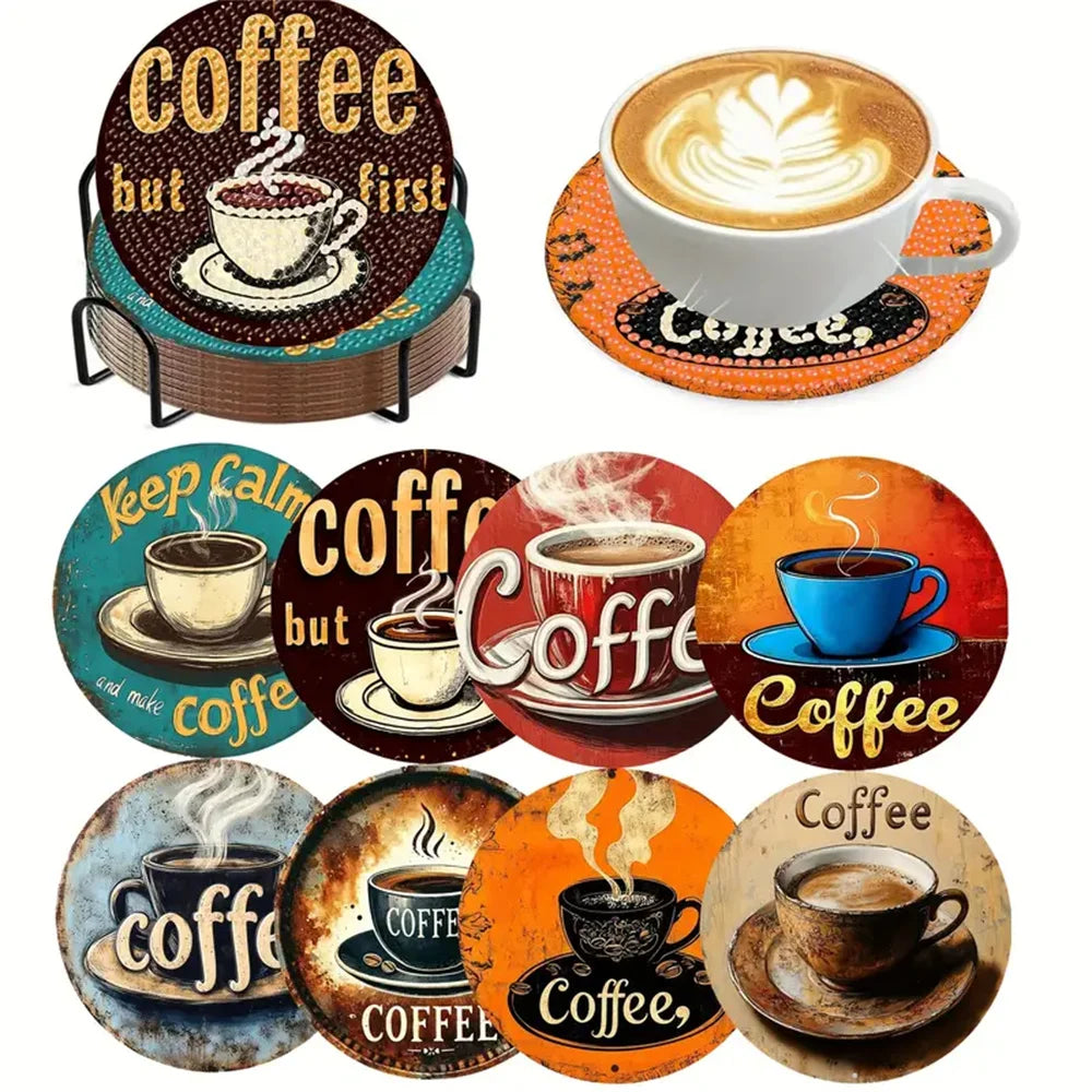 DIY 8 pcs / Set Of Coffee Patterned Diamond Painted Coaster Set, Sparkling Rhinestone Heat-Resistant Beverage Mat With Holder DIY