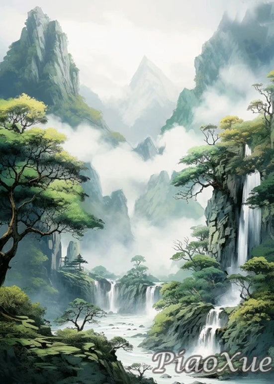Chinese Style Landscape Picture Diamond Painting New Mountain Waterfall Scenery, Diamond Painting Mosaic DIY Cross Home Decor