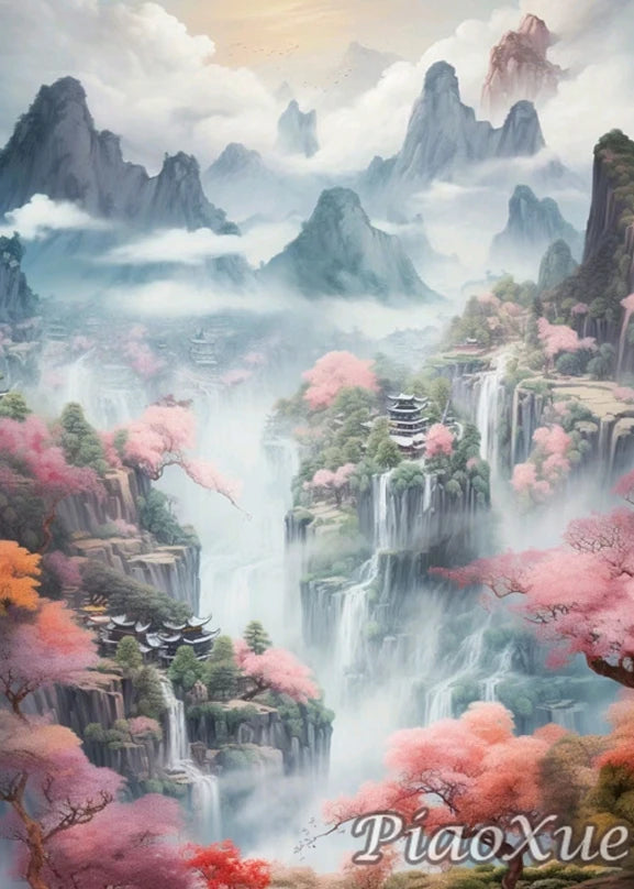 Chinese Style Landscape Picture Diamond Painting New Mountain Waterfall Scenery, Diamond Painting Mosaic DIY Cross Home Decor