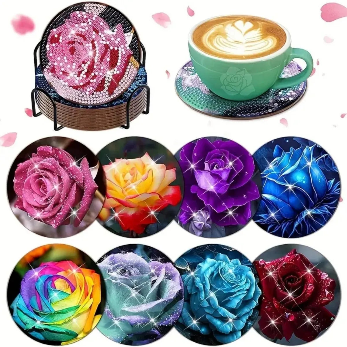 DIY 8 pcs / Set Of Coffee Patterned Diamond Painted Coaster Set, Sparkling Rhinestone Heat-Resistant Beverage Mat With Holder DIY